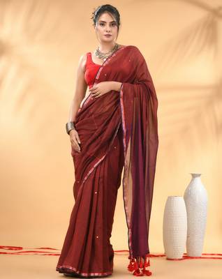Red and magenta sequin mulmul cotton saree 1