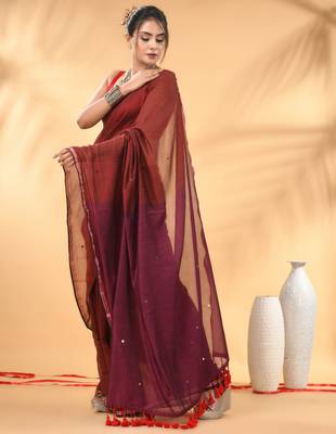 Red and magenta sequin mulmul cotton saree 2