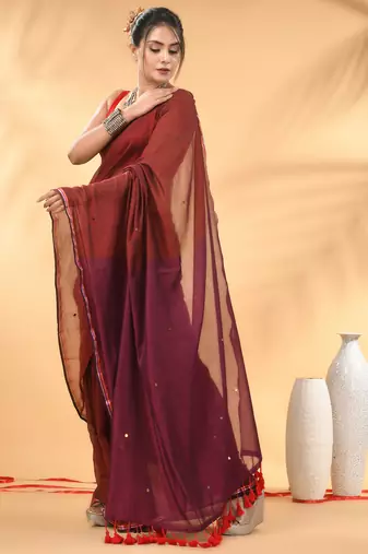 Red and magenta sequin mulmul cotton saree