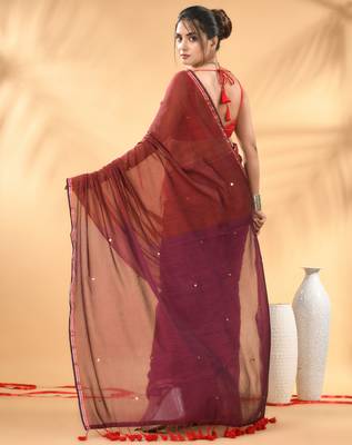 Red and magenta sequin mulmul cotton saree 3