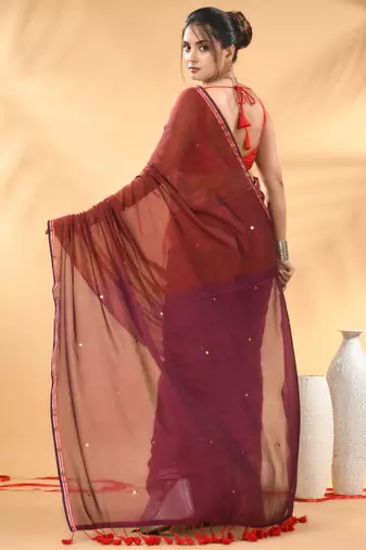 Red and magenta sequin mulmul cotton saree
