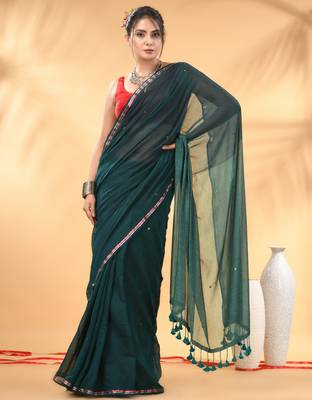 Dark and light teal sequin mulmul cotton saree 1