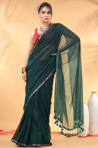 Dark and light teal sequin mulmul cotton saree