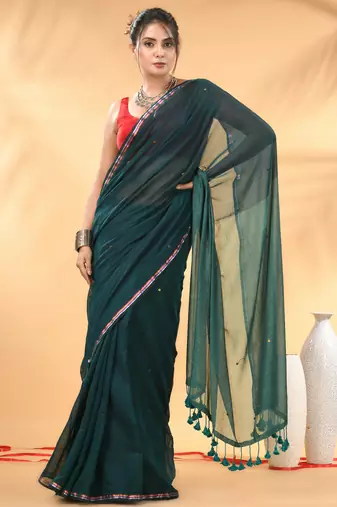 Dark and light teal sequin mulmul cotton saree