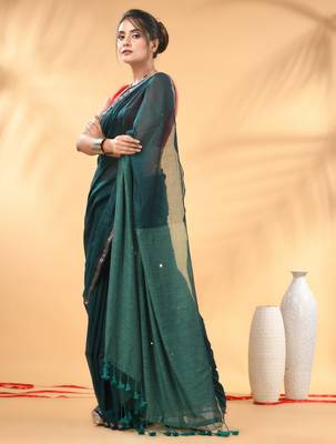 Dark and light teal sequin mulmul cotton saree 2