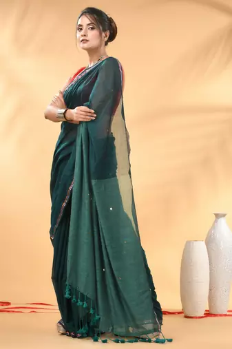 Dark and light teal sequin mulmul cotton saree