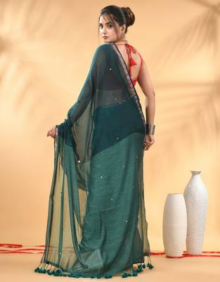 Dark and light teal sequin mulmul cotton saree 3