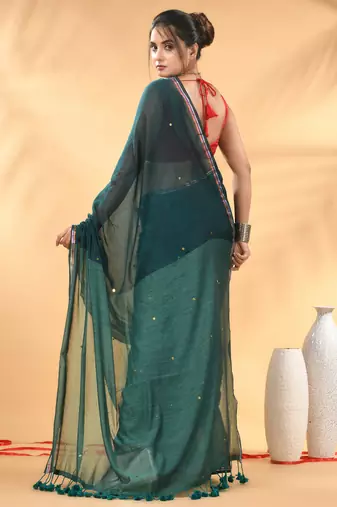 Dark and light teal sequin mulmul cotton saree