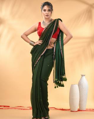 Dark and light green sequin mulmul cotton saree 1