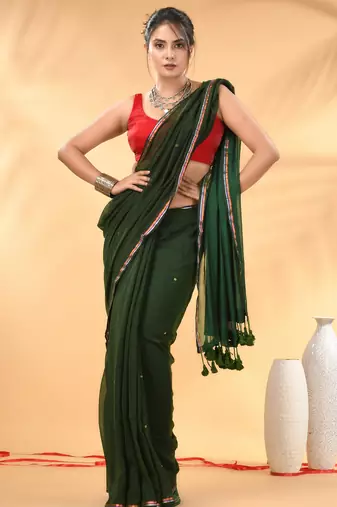 Dark and light green sequin mulmul cotton saree