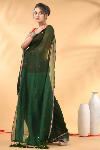 Dark and light green sequin mulmul cotton saree