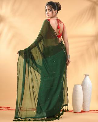 Dark and light green sequin mulmul cotton saree 3