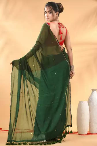Dark and light green sequin mulmul cotton saree