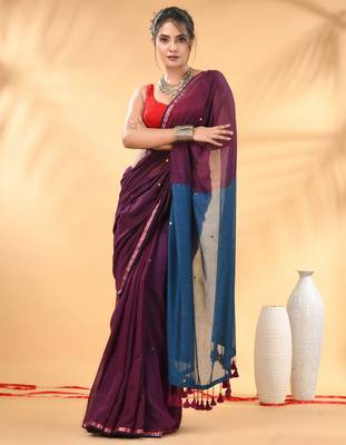 Purple and sapphire blue sequin mulmul cotton saree 1
