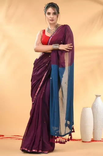 Purple and sapphire blue sequin mulmul cotton saree