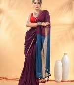 Purple and sapphire blue sequin mulmul cotton saree