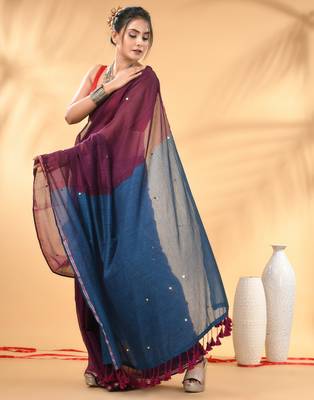Purple and sapphire blue sequin mulmul cotton saree 2