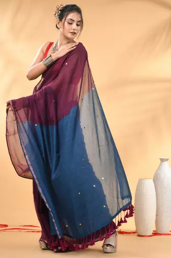 Purple and sapphire blue sequin mulmul cotton saree