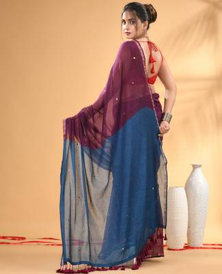 Purple and sapphire blue sequin mulmul cotton saree 3