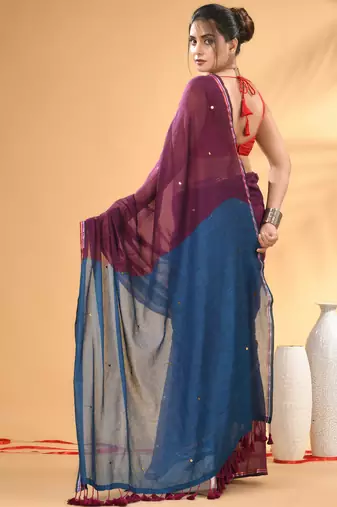 Purple and sapphire blue sequin mulmul cotton saree