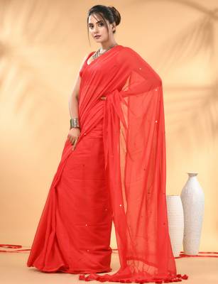 Red sequin mulmul cotton saree 2