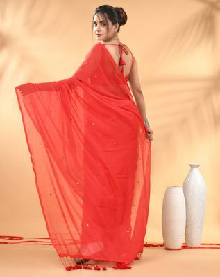 Red sequin mulmul cotton saree 3