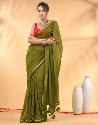 Olive green sequin mulmul cotton saree 1