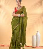 Olive green sequin mulmul cotton saree
