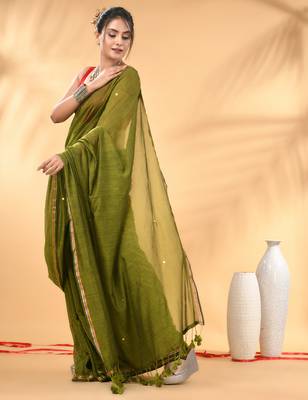 Olive green sequin mulmul cotton saree 2