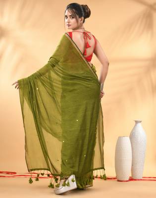 Olive green sequin mulmul cotton saree 3