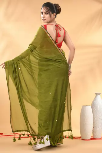 Olive green sequin mulmul cotton saree