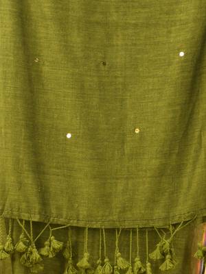 Olive green sequin mulmul cotton saree 4