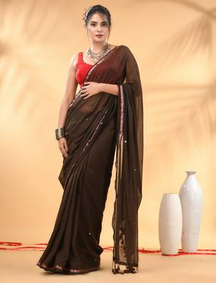 Brown sequin mulmul cotton saree 1