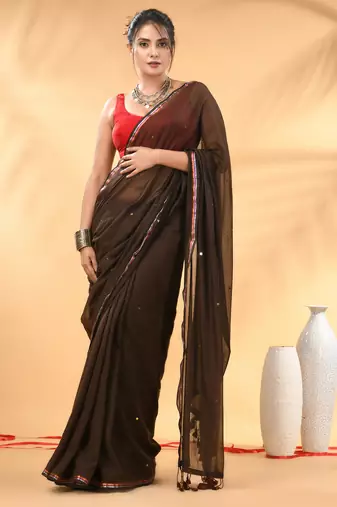 Brown sequin mulmul cotton saree