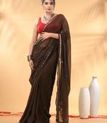Brown sequin mulmul cotton saree