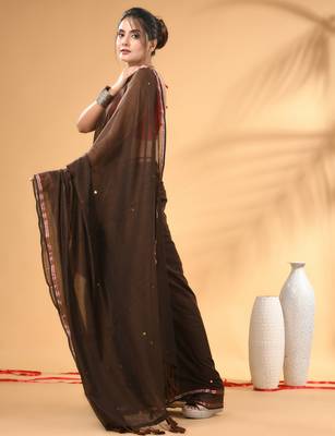Brown sequin mulmul cotton saree 2
