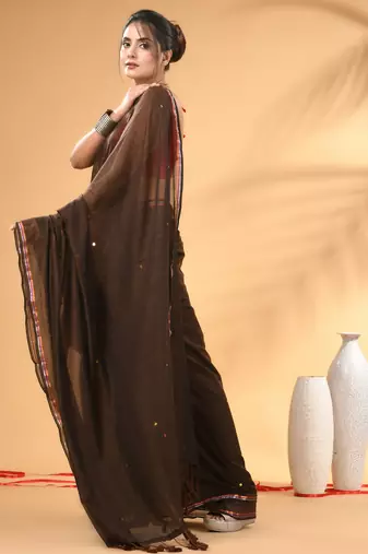 Brown sequin mulmul cotton saree