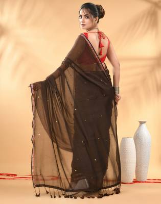 Brown sequin mulmul cotton saree 3