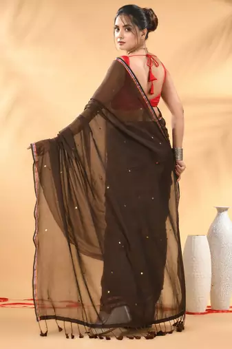 Brown sequin mulmul cotton saree