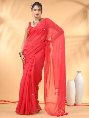 Rose red sequin mulmul cotton saree 1