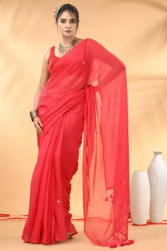 Rose red sequin mulmul cotton saree