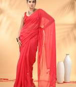 Rose red sequin mulmul cotton saree