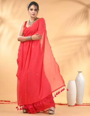 Rose red sequin mulmul cotton saree 2