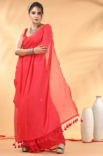 Rose red sequin mulmul cotton saree
