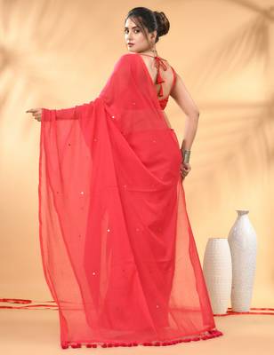 Rose red sequin mulmul cotton saree 3