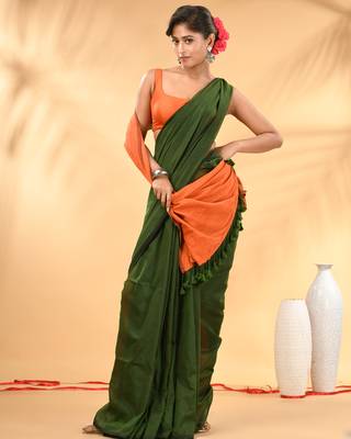 Green and orange cotton handspun saree with tassel detailing 1
