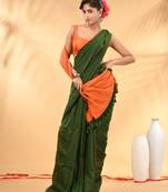 Green and orange cotton handspun saree with tassel detailing