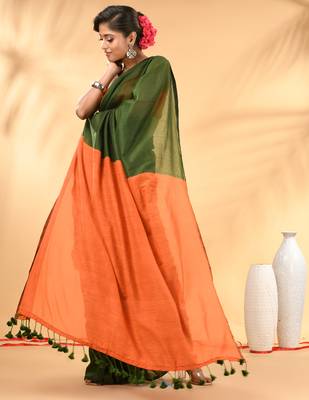 Green and orange cotton handspun saree with tassel detailing 2