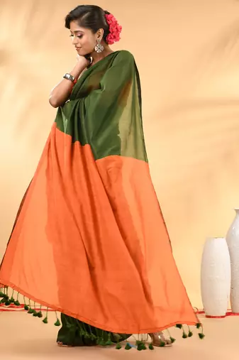 Green and orange cotton handspun saree with tassel detailing