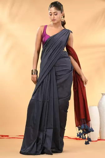 Grey and red cotton handspun saree with tassel detailing